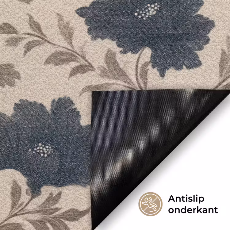 Motief - Bloemen - Zwart - Beige Deurmat klein 898 -antislip_NL