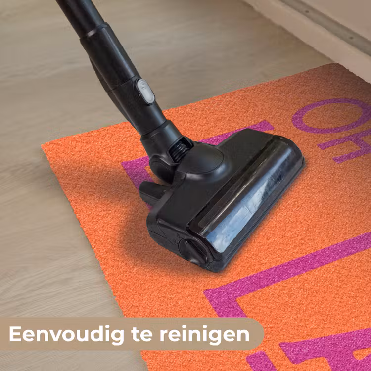 Oh la la - Oranje - Roze - Scheeflettertype Deurmat klein -reinigen_NL