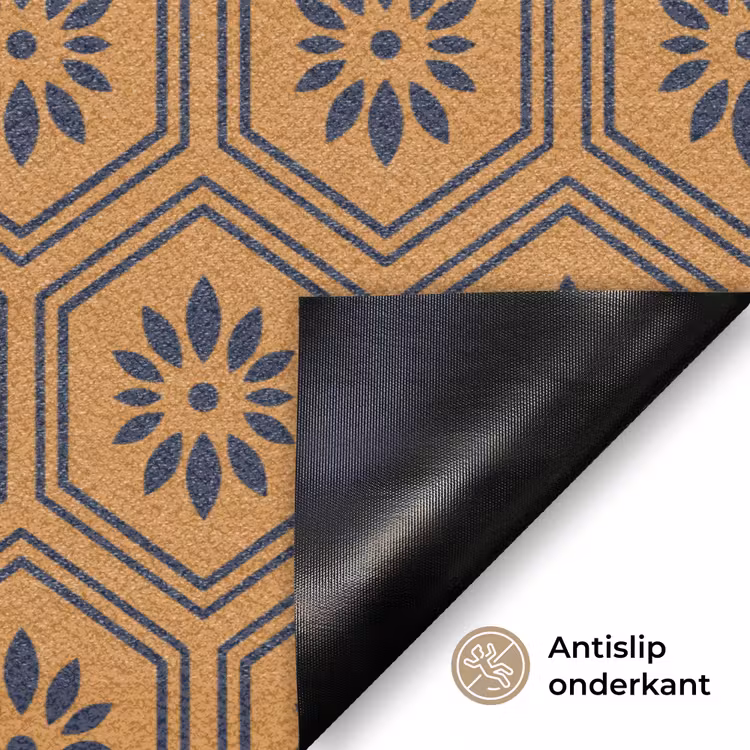 Okergeel - Patroon - Bloem - Donkerblauw Deurmat klein 898 -antislip_NL