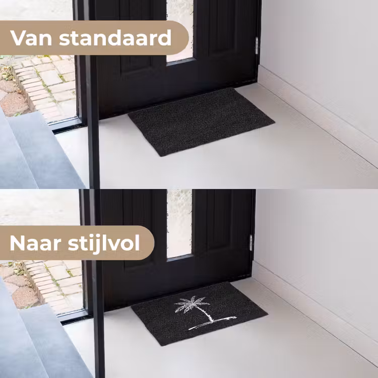 Palmboom - Wit - Zwart - Tropisch Deurmat klein -voor-na_NL