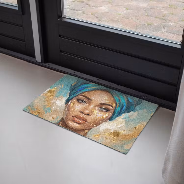 Portret - Vrouw - Schilderij - Blauw - Goud - Expressief Deurmat klein -sfeer2