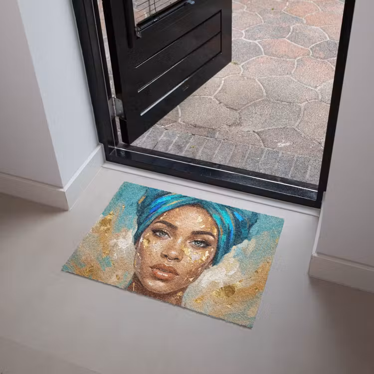 Portret - Vrouw - Schilderij - Blauw - Goud - Expressief Deurmat klein -sfeer5