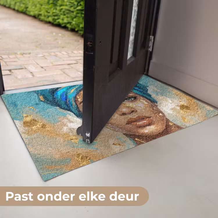 Portret - Vrouw - Schilderij - Blauw - Goud - Expressief Deurmat klein -USP_NL