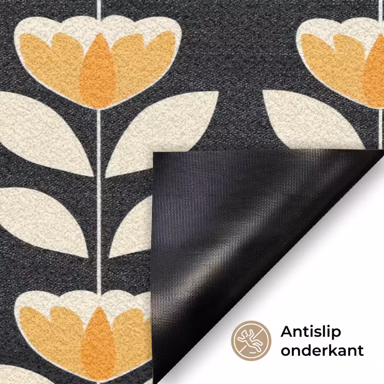 Retro - Bloem - Zwart - Okergeel Deurmat klein 898 -antislip_NL