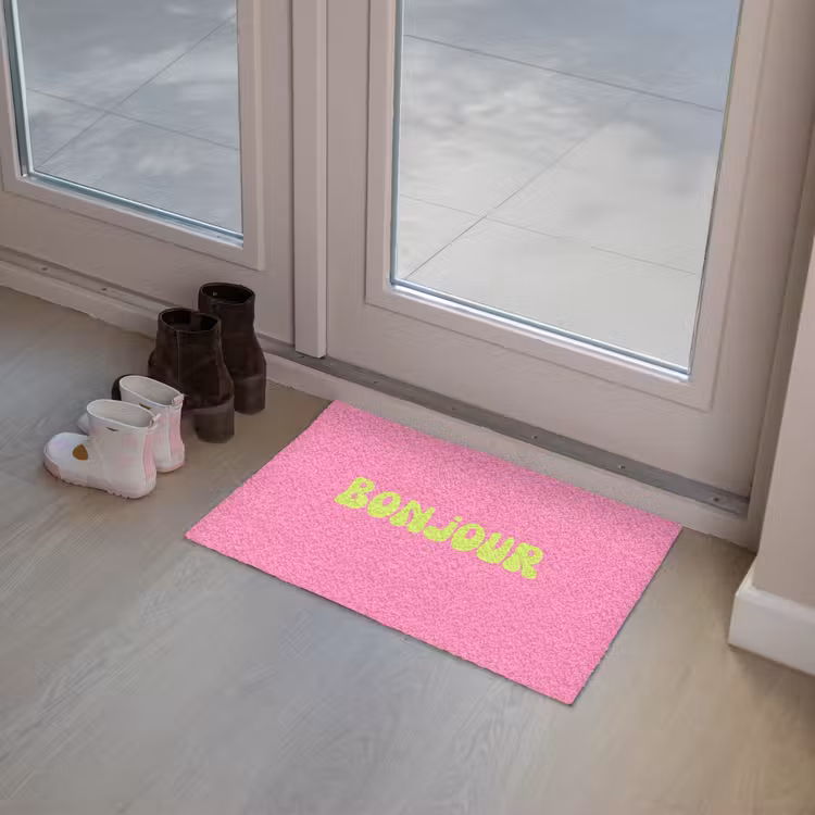 Roze - Groene bonjour - Organisch Deurmat klein -sfeer3