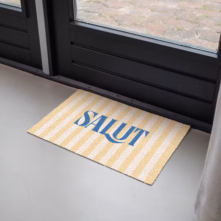 Salut - Quote - Strepen - Geel - Blauw - Wit Deurmat klein -sfeer2
