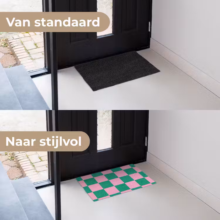 Schaakbord patroon - Groen - Roze - Blokjes Deurmat klein -voor-na_NL