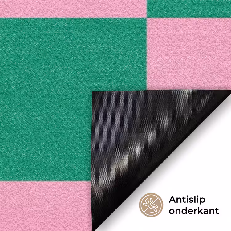 Schaakbord patroon - Groen - Roze - Blokjes Deurmat klein -antislip_NL