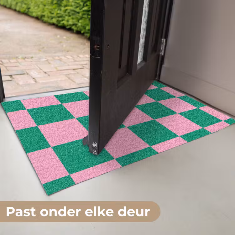 Schaakbord patroon - Groen - Roze - Blokjes Deurmat klein -USP_NL