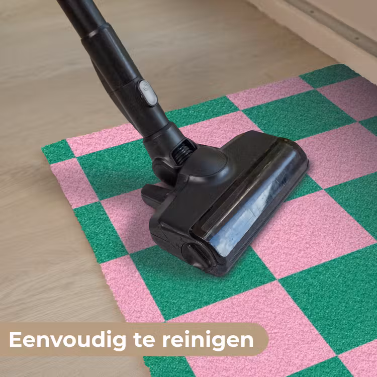 Schaakbord patroon - Groen - Roze - Blokjes Deurmat klein -reinigen_NL