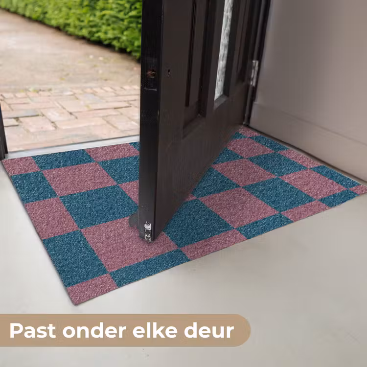 Schaakbord print - Blauw - Rood - Blokjes Deurmat klein -USP_NL