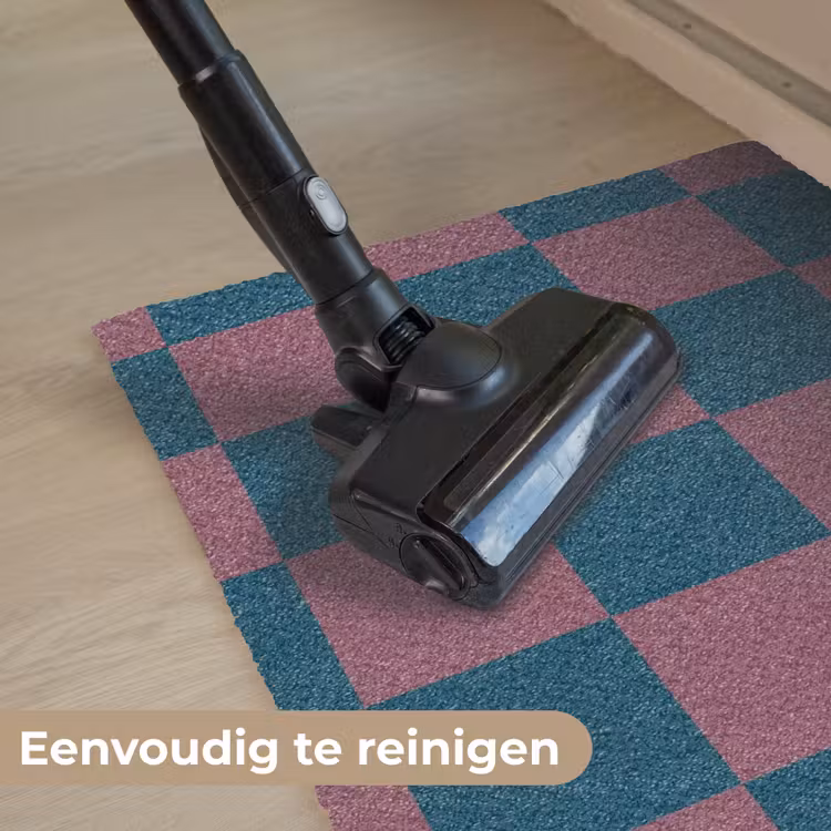 Schaakbord print - Blauw - Rood - Blokjes Deurmat klein -reinigen_NL