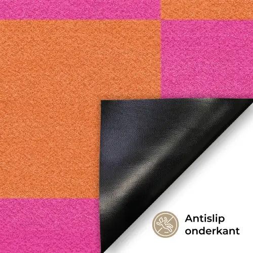 Schaakbord print - Oranje - Roze - Blokjes Deurmat klein -antislip_NL