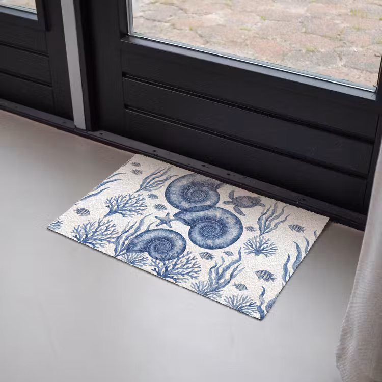 Schelp - Spiraal - Zeeleven - Aquarel - Blauw Deurmat klein -sfeer2