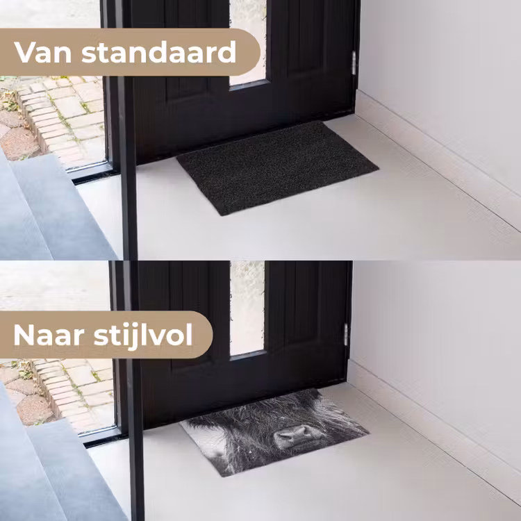 Schotse hooglander - Zwart - Wit - Sneeuwvlokken Deurmat klein -voor-na_NL