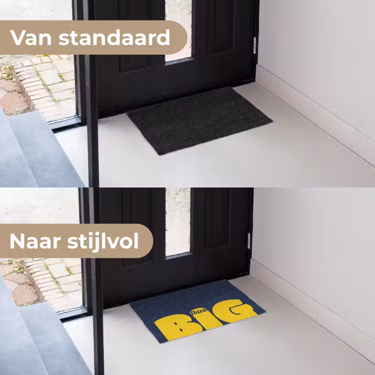 Think big - Blauw - Geel Deurmat klein -voor-na_NL