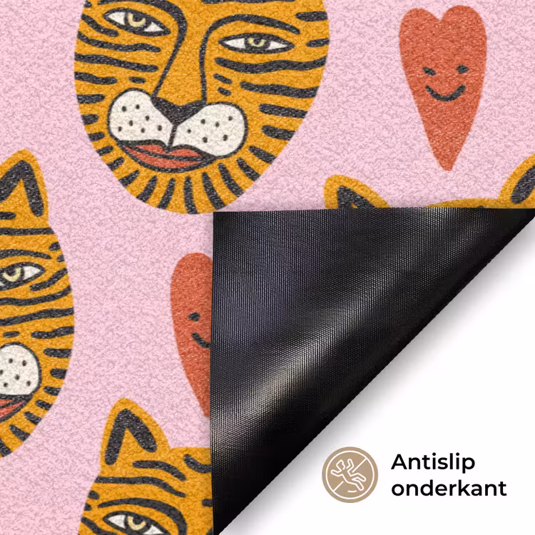 Tijgerkoppen - Hartjes - Roze - Rood Deurmat klein 898 -antislip_NL