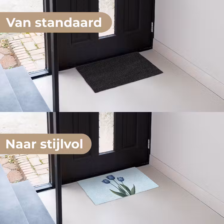 Tulpen - Blauw - Bladeren Deurmat klein -voor-na_NL
