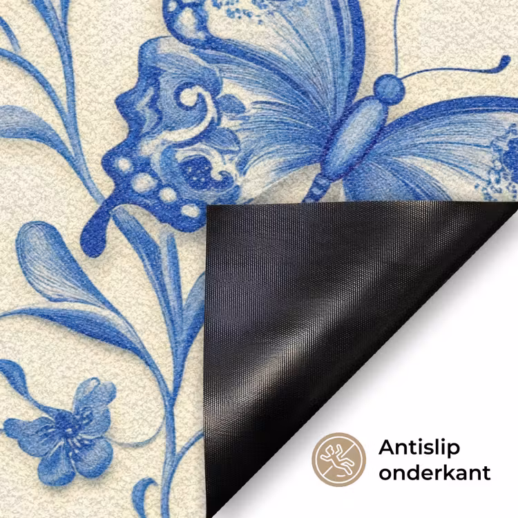 Vlinders - Bloemen - Blauw - Botanisch Deurmat klein 898 -antislip_NL
