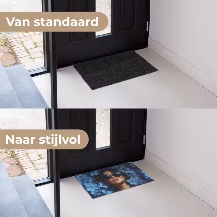 Vrouw - Blauw - Bloemen - Vlinders - Natuur Deurmat klein -voor-na_NL