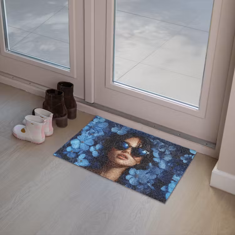 Vrouw - Blauw - Bloemen - Vlinders - Natuur Deurmat klein -sfeer3