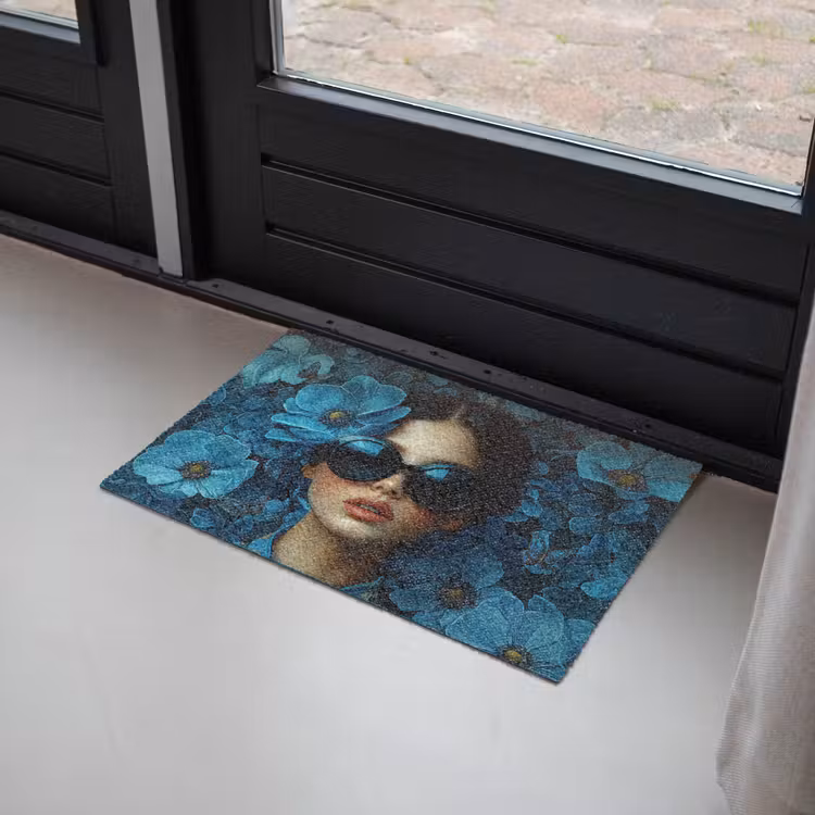 Vrouw - Bloemen - Blauw - Aesthetic - Luxe Deurmat klein -sfeer2