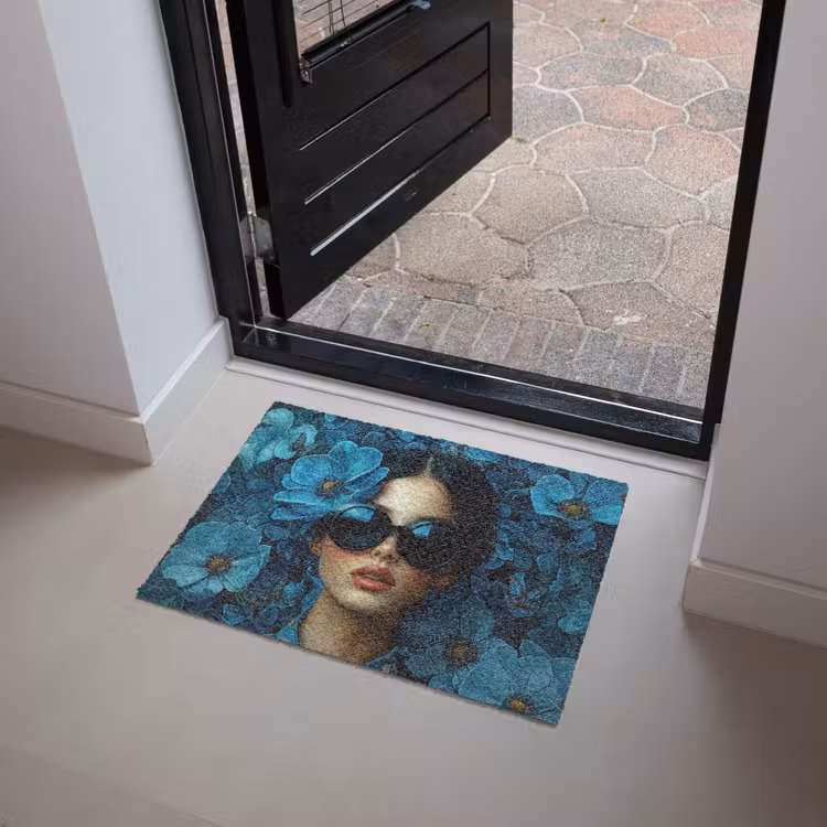 Vrouw - Bloemen - Blauw - Aesthetic - Luxe Deurmat klein -sfeer5