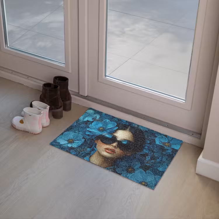 Vrouw - Bloemen - Blauw - Aesthetic - Luxe Deurmat klein -sfeer3