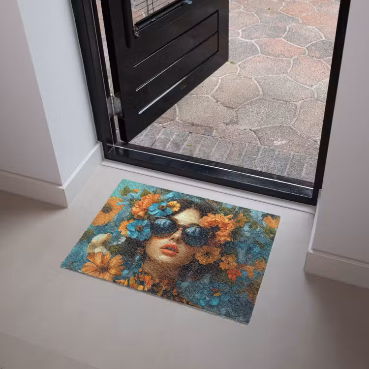 Vrouw - Bloemen - Oranje - Blauw - Modern Deurmat klein -sfeer5