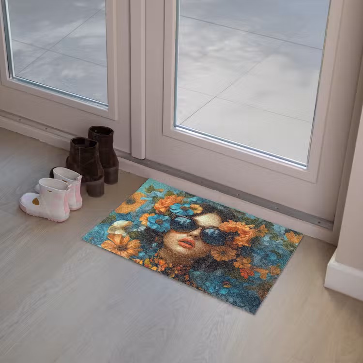 Vrouw - Bloemen - Oranje - Blauw - Modern Deurmat klein -sfeer3