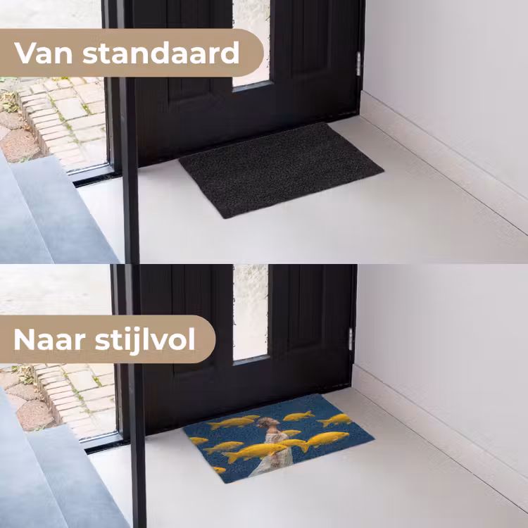 Vrouw - Vis - Water - Natuur - Geel Deurmat klein -voor-na_NL