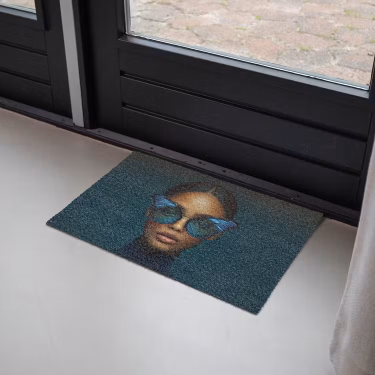 Vrouw - Vlinder - Bril - Blauw - Modern - Portret Deurmat klein -sfeer2