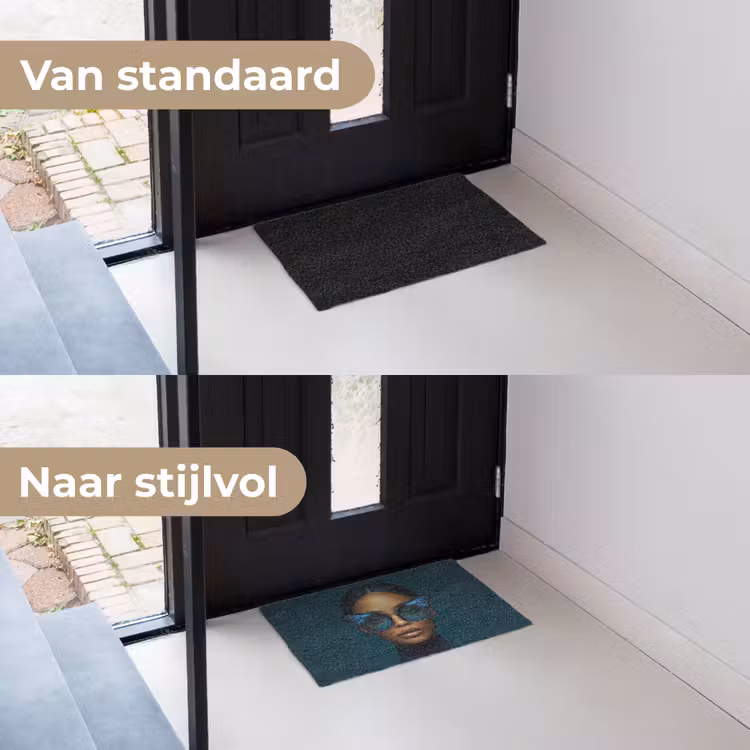 Vrouw - Vlinder - Bril - Blauw - Modern - Portret Deurmat klein -voor-na_NL