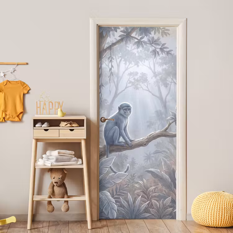 Aap - Boom - Jungle - Natuur - Grijs deurposter klein -sfeer4