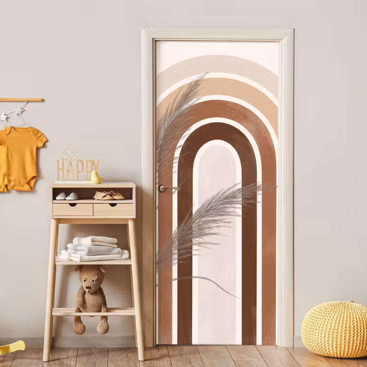 Abstract - Bogen - Plant - Boho - Beige deurposter klein -sfeer4