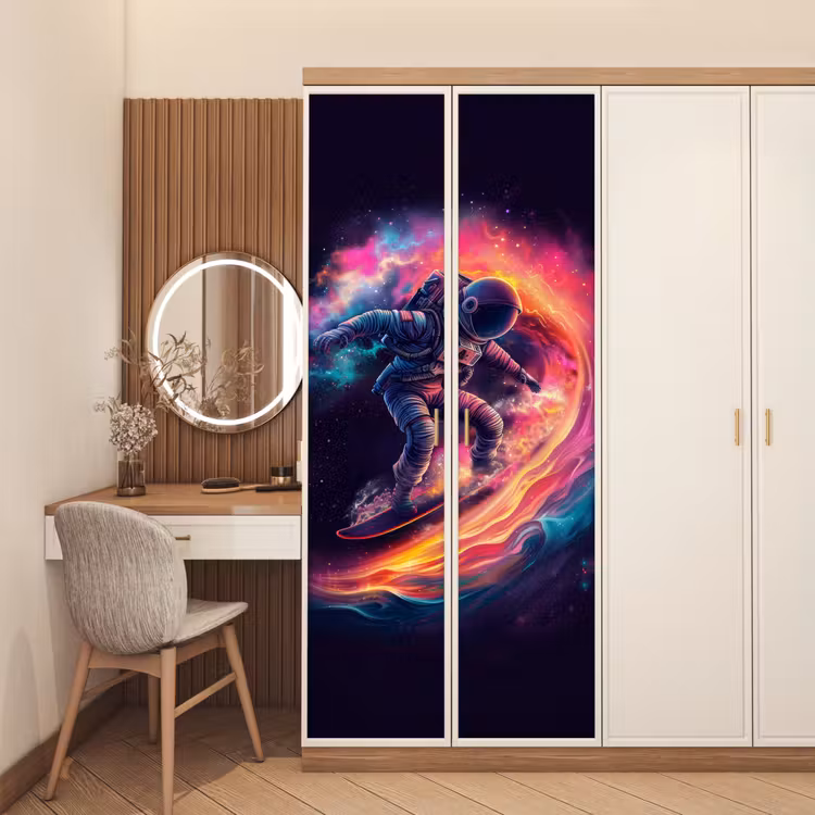 Astronaut - Ruimte - Surfen - Kleurrijk deurposter klein -sfeer3
