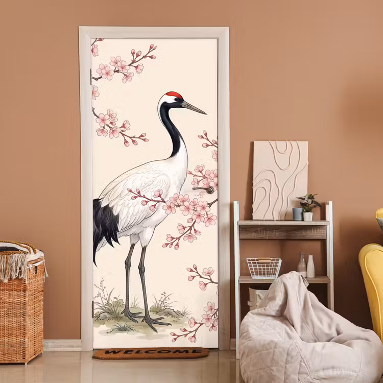 Aziatisch - Kraanvogel - Beige deurposter klein -sfeer1