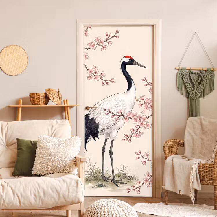 Aziatisch - Kraanvogel - Beige deurposter klein -sfeer2