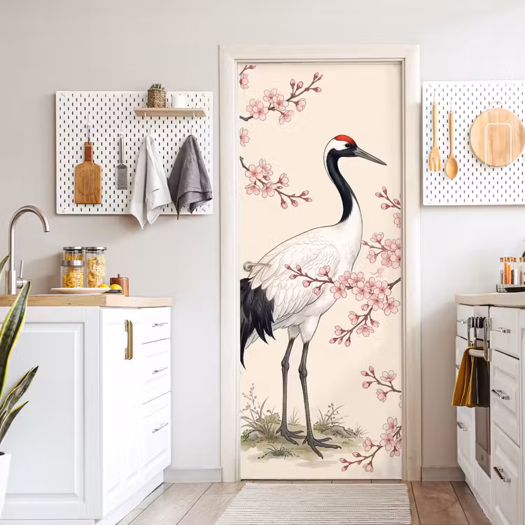 Aziatisch - Kraanvogel - Beige deurposter klein -sfeer5