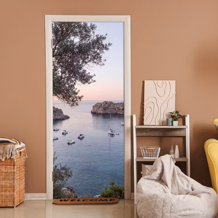 Deursticker - Baai - boten - zonsondergang - Baai - boten - zonsondergang deurposter klein