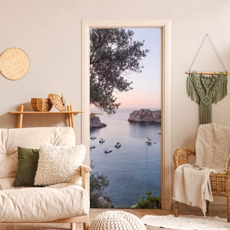 Deursticker - Baai - boten - zonsondergang - Baai - boten - zonsondergang deurposter klein