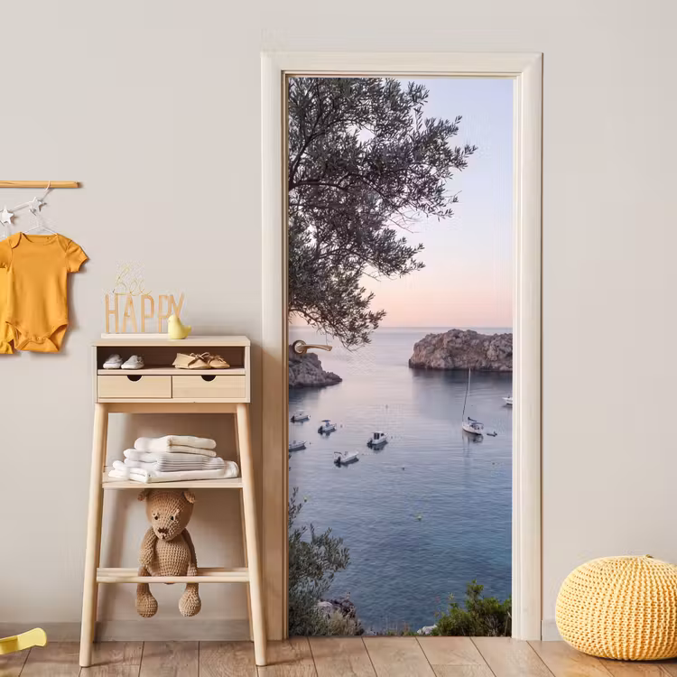 Deursticker - Baai - boten - zonsondergang - Baai - boten - zonsondergang deurposter klein