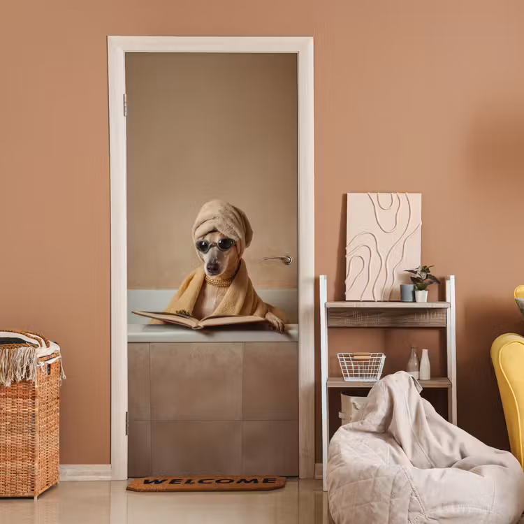 Bad - Hond - Boek - Zonnebril deurposter klein -sfeer1