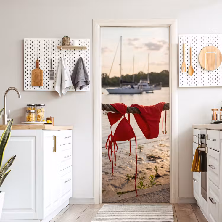 Badkleding - Rood - Zomer - Water - Zonsondergang deurposter klein -sfeer5