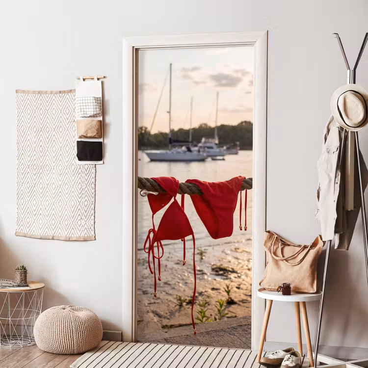 Badkleding - Rood - Zomer - Water - Zonsondergang deurposter klein -sfeer6