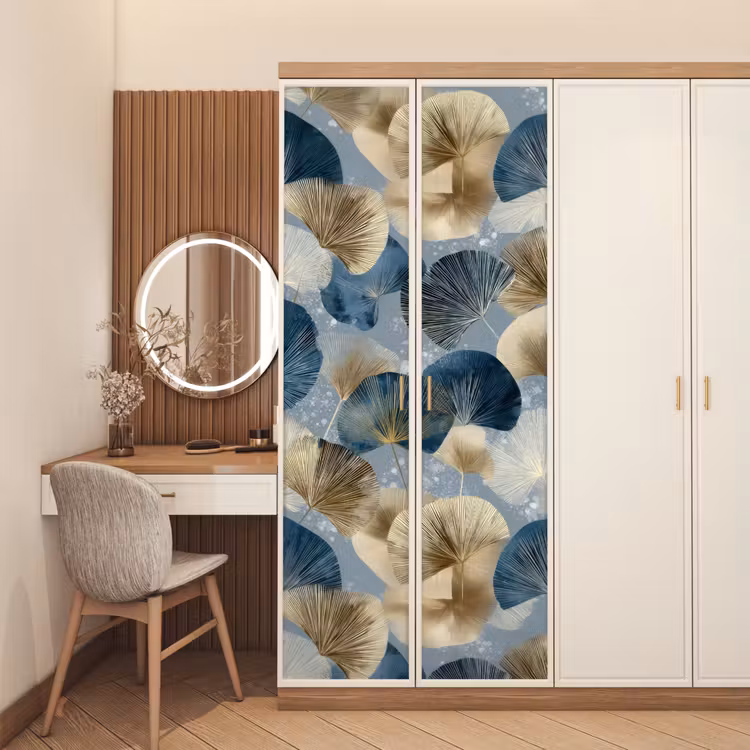Bladeren - Abstract - Goud - Blauw deurposter klein -sfeer3