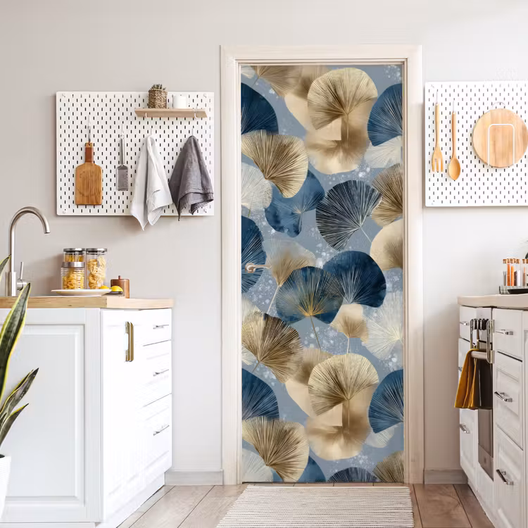 Bladeren - Abstract - Goud - Blauw deurposter klein -sfeer5