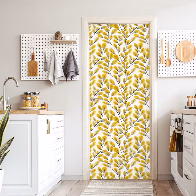 Bladeren - Botanisch - Elegant - Geel - Zwart deurposter klein 289 -sfeer5
