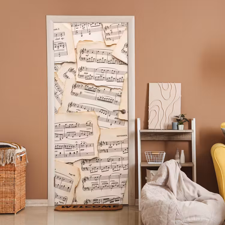 Bladmuziek - Oud - Noten - Vintage - Beige deurposter klein -sfeer1