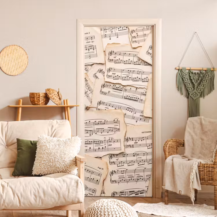 Bladmuziek - Oud - Noten - Vintage - Beige deurposter klein -sfeer2